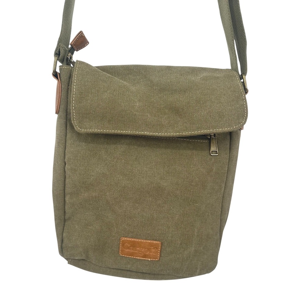 Cargoti Crossbody Bag Women Medium Green Canvas Faux Leather Trim Messenger